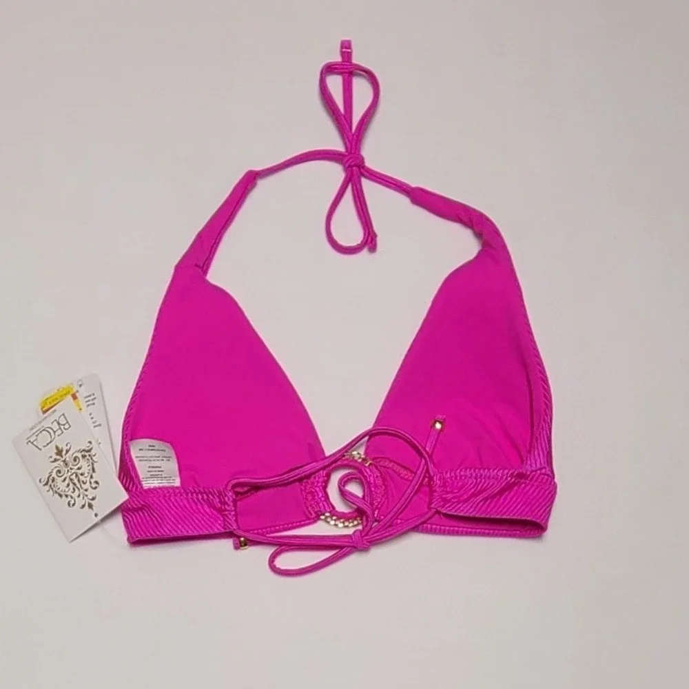 Becca Rebecca Virtue Hot Pink Ribbed Triangle Halter Bikini Top Gold Ring Medium